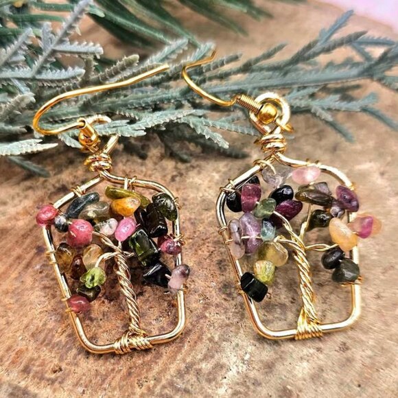Nature Mixed Tourmaline Chips Crystal Tree Earring - Picture 1 of 10